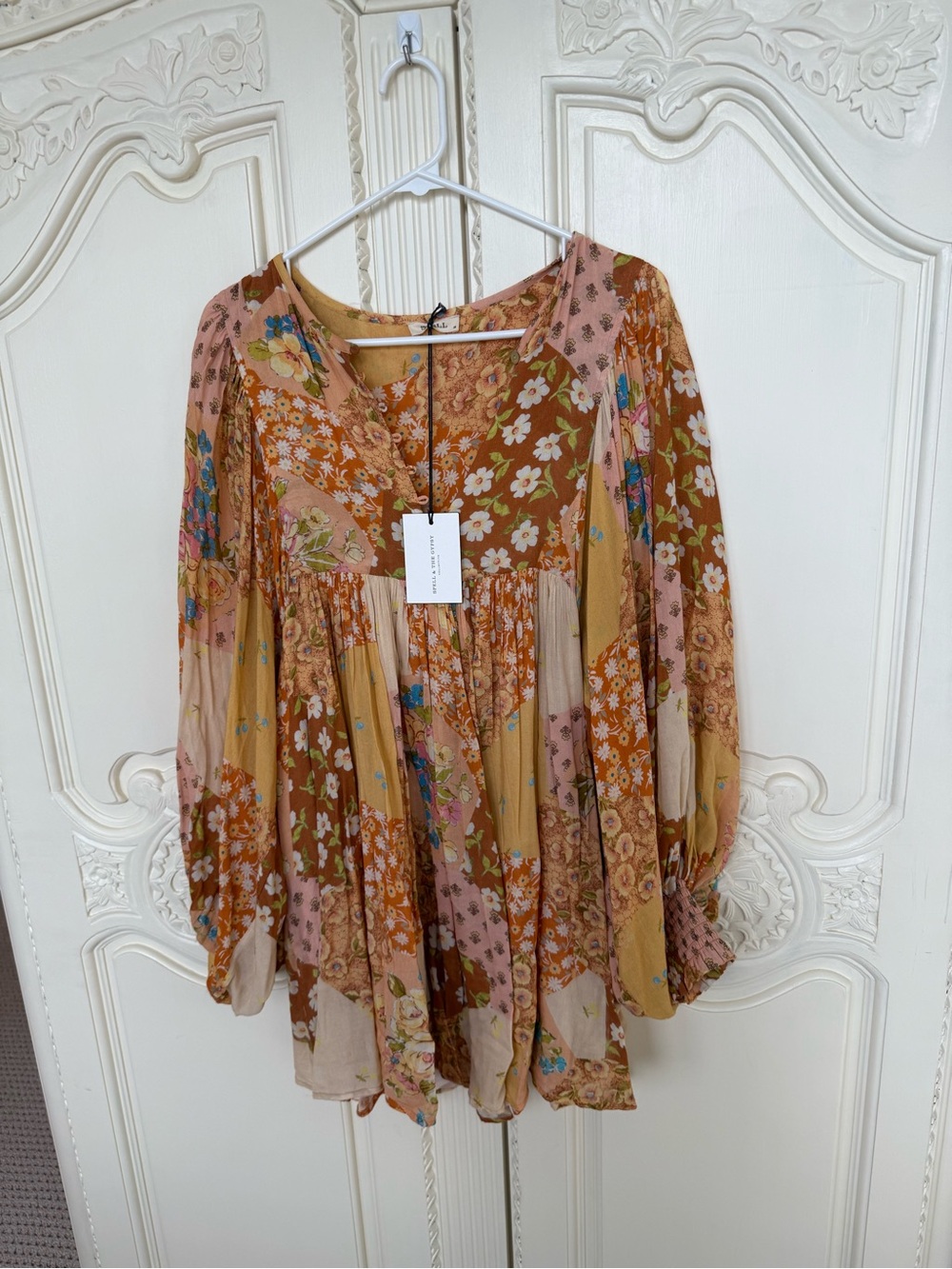 Spell Fred Boho Mini dress  Floral Patchwork Peasant Blouse - Pink & Mustard